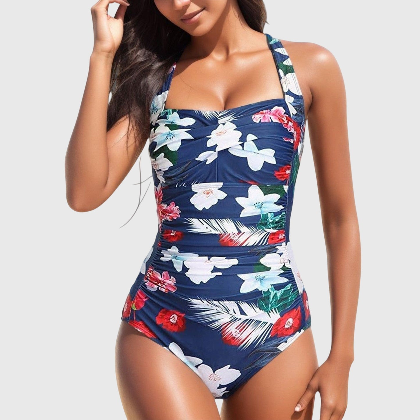 Bañador Mujer Una Pieza Estampado Fruncido Halter Moldeador