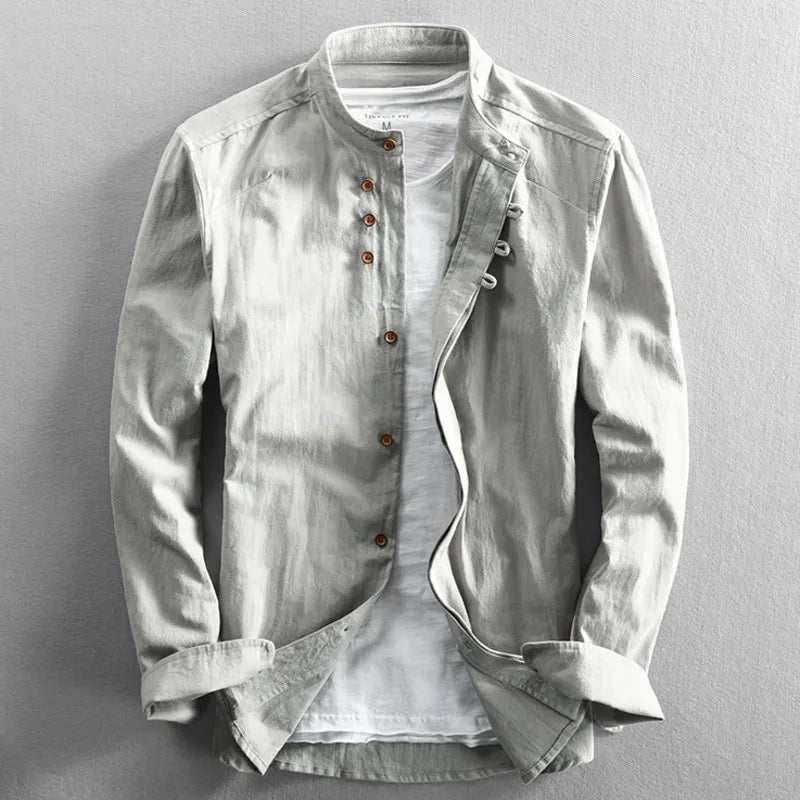 Camisa Hombre Algodón y Lino Cuello Mao Manga Larga Slim Fit
