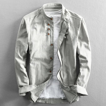 Camisa Hombre Algodón y Lino Cuello Mao Manga Larga Slim Fit
