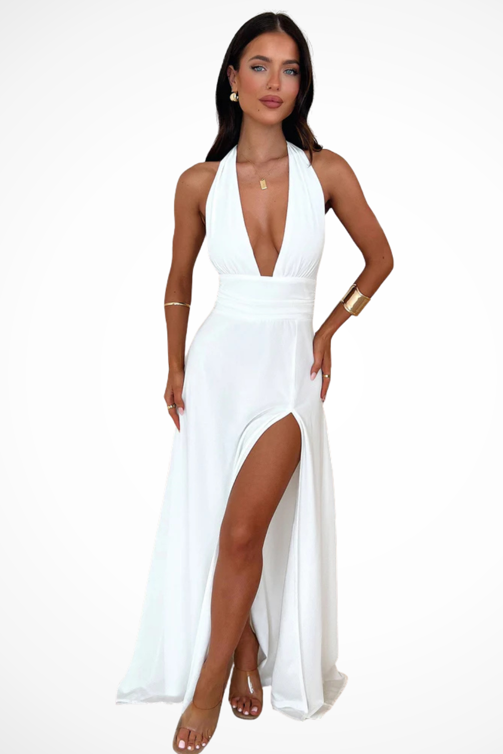 Vestido maxi mujer cuello halter abertura lateral