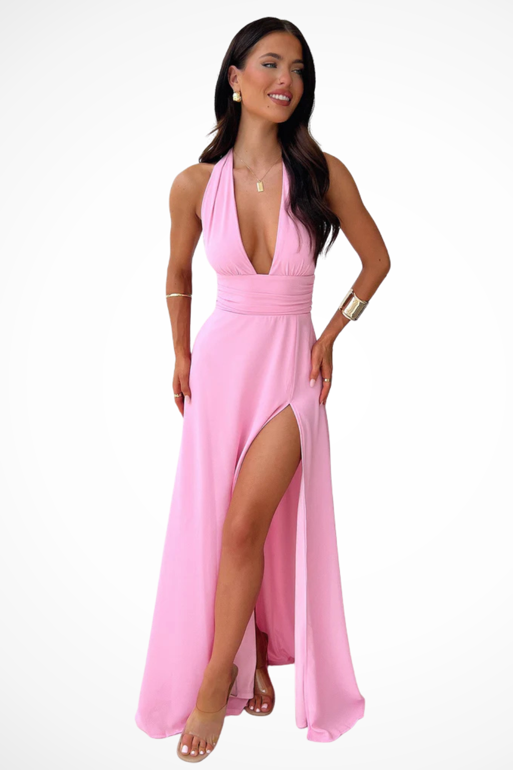 Vestido maxi mujer cuello halter abertura lateral