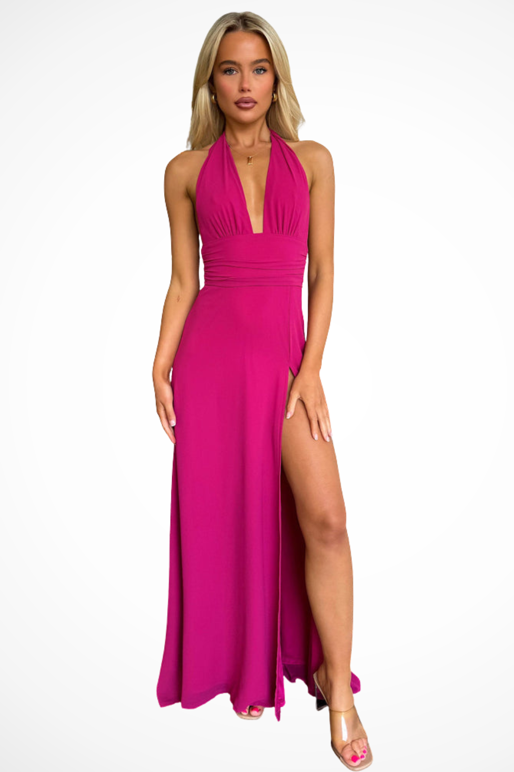 Vestido maxi mujer cuello halter abertura lateral