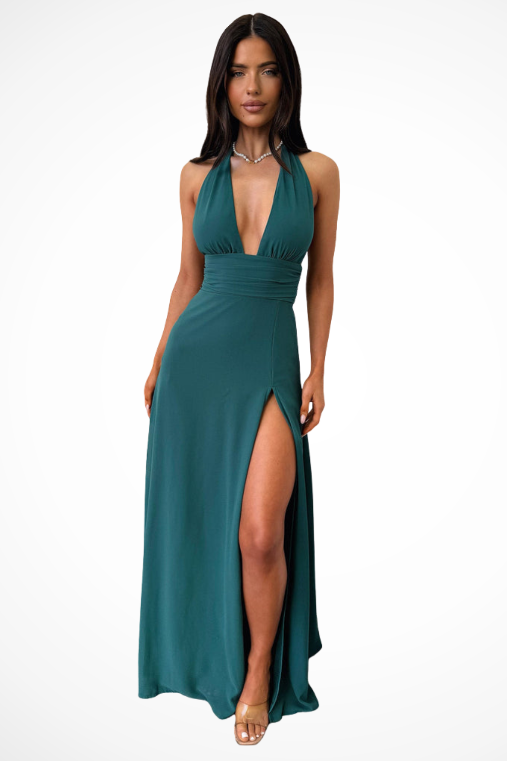 Vestido maxi mujer cuello halter abertura lateral