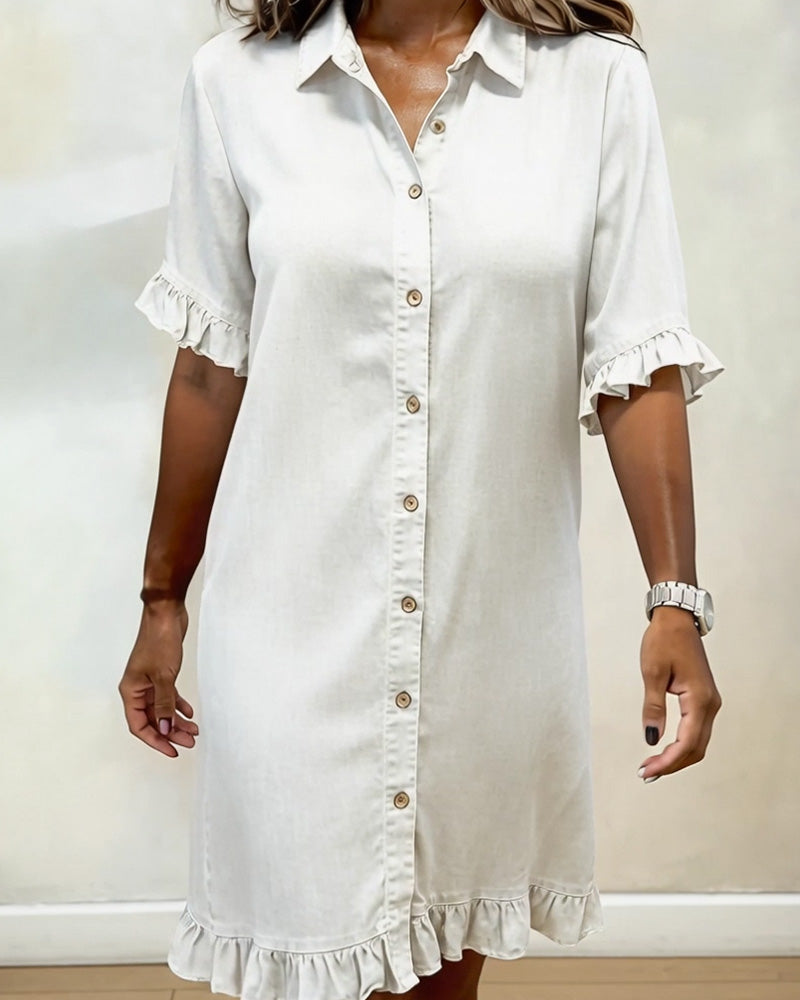 Vestido Mujer de Denim con Botones y Volantes Estilo Casual