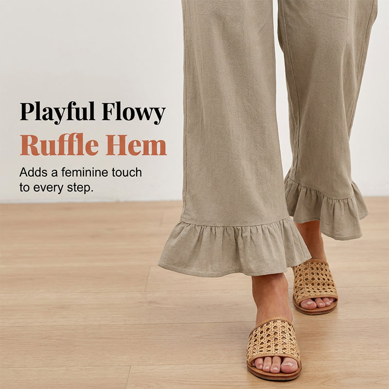 Pantalón mujer algodón y lino ancho tiro alto volante boho