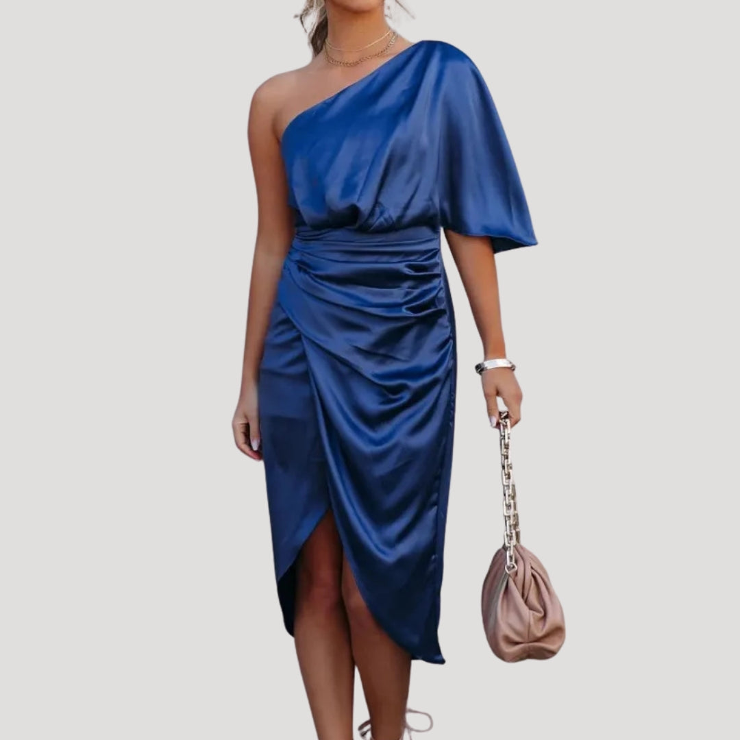 Vestido Mujer Satinado Escote Asimétrico Falda Cruzada - Mavetta