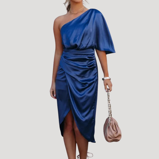 Vestido Mujer Satinado Escote Asimétrico Falda Cruzada - Mavetta