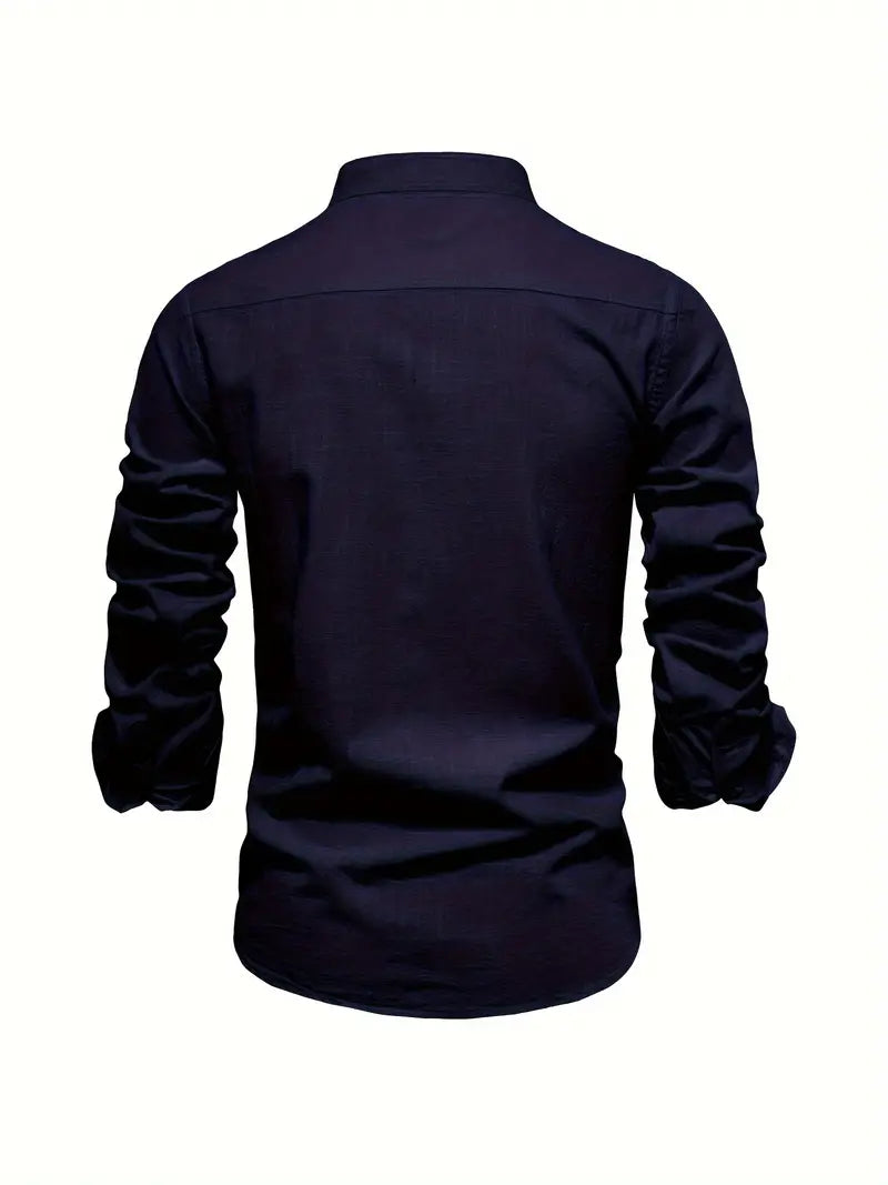 Camisa Hombre Slim Fit Algodón Cuello Mao Manga Larga