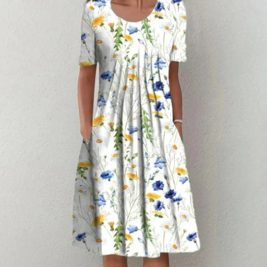 Vestido midi mujer de tela floral manga corta con bolsillos - Mavetta