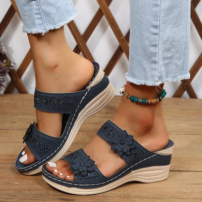 Sandalias Mujer con Cuña y Tiras Florales Transpirables