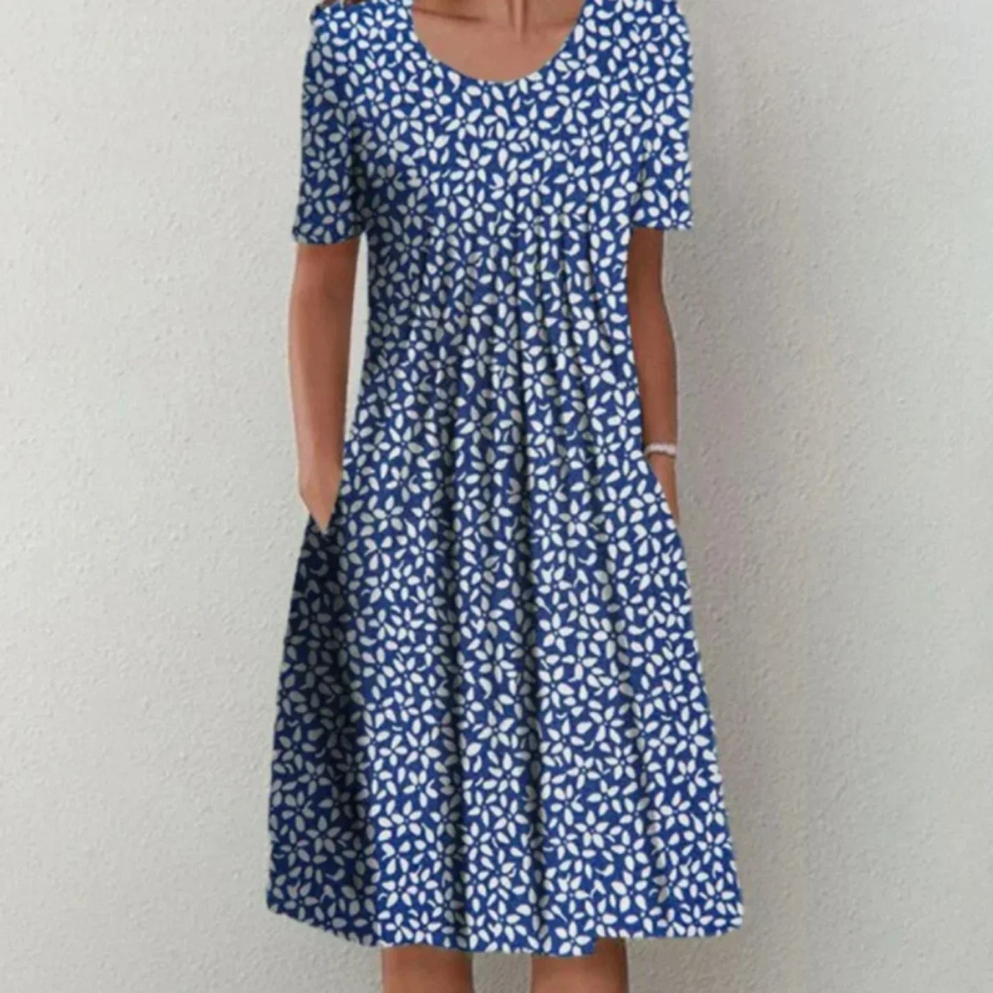 Vestido midi mujer de tela floral manga corta con bolsillos