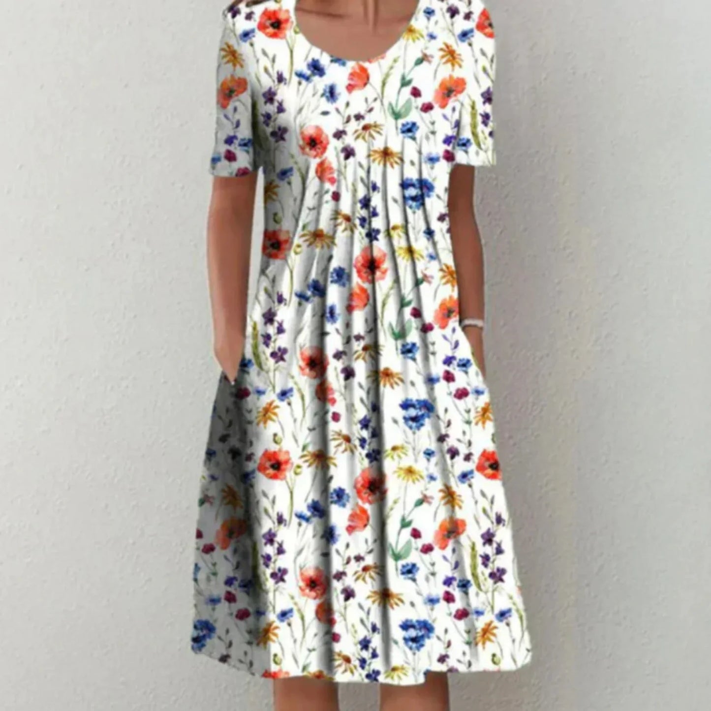 Vestido midi mujer de tela floral manga corta con bolsillos