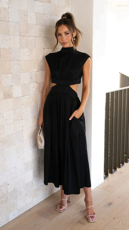 Vestido midi mujer con corte cut out sin mangas cuello alto - Mavetta
