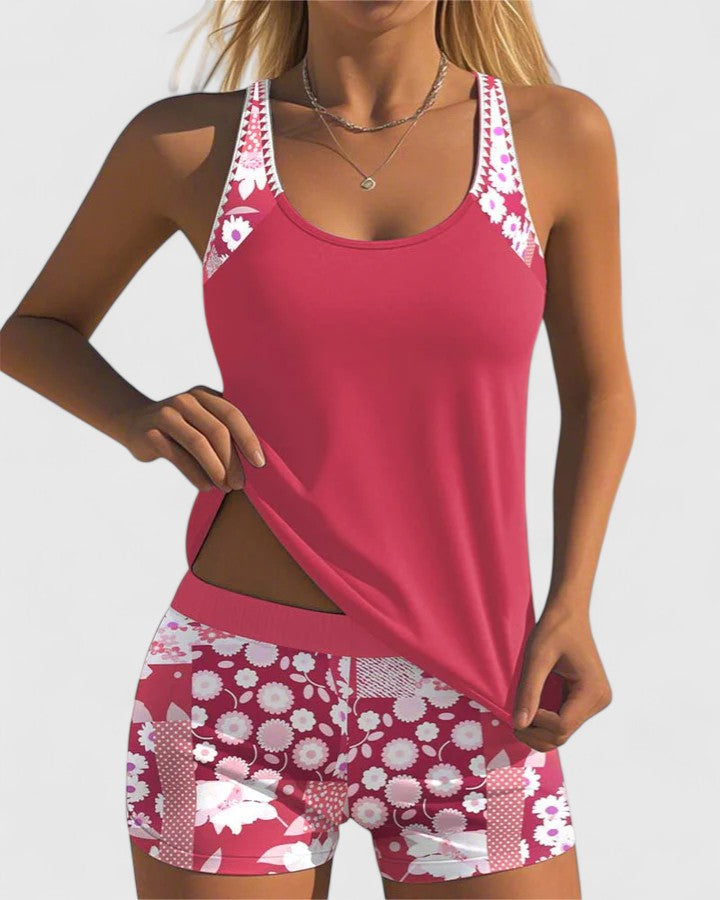 Tankini Mujer Dos Piezas Liso Espalda Nadadora Shorts Deportivos
