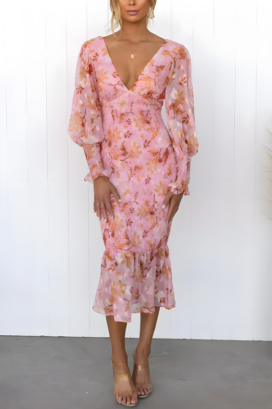 Vestido midi mujer Escote en V Mangas abullonadas - Mavetta