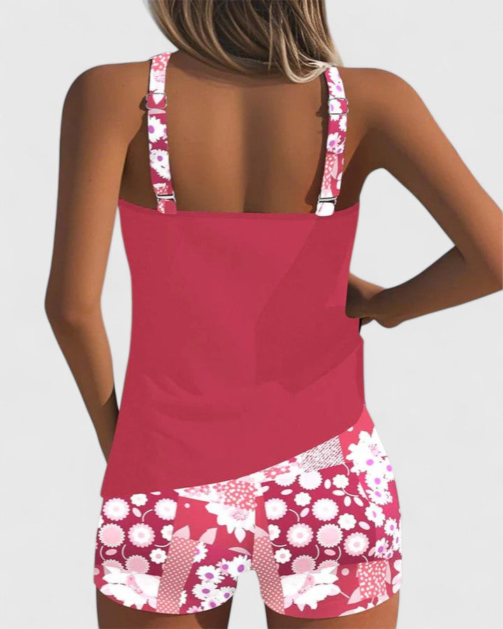 Tankini Mujer Dos Piezas Liso Espalda Nadadora Shorts Deportivos