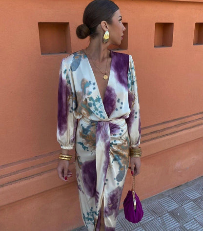 Vestido midi mujer fluido con cinturón escote en V
