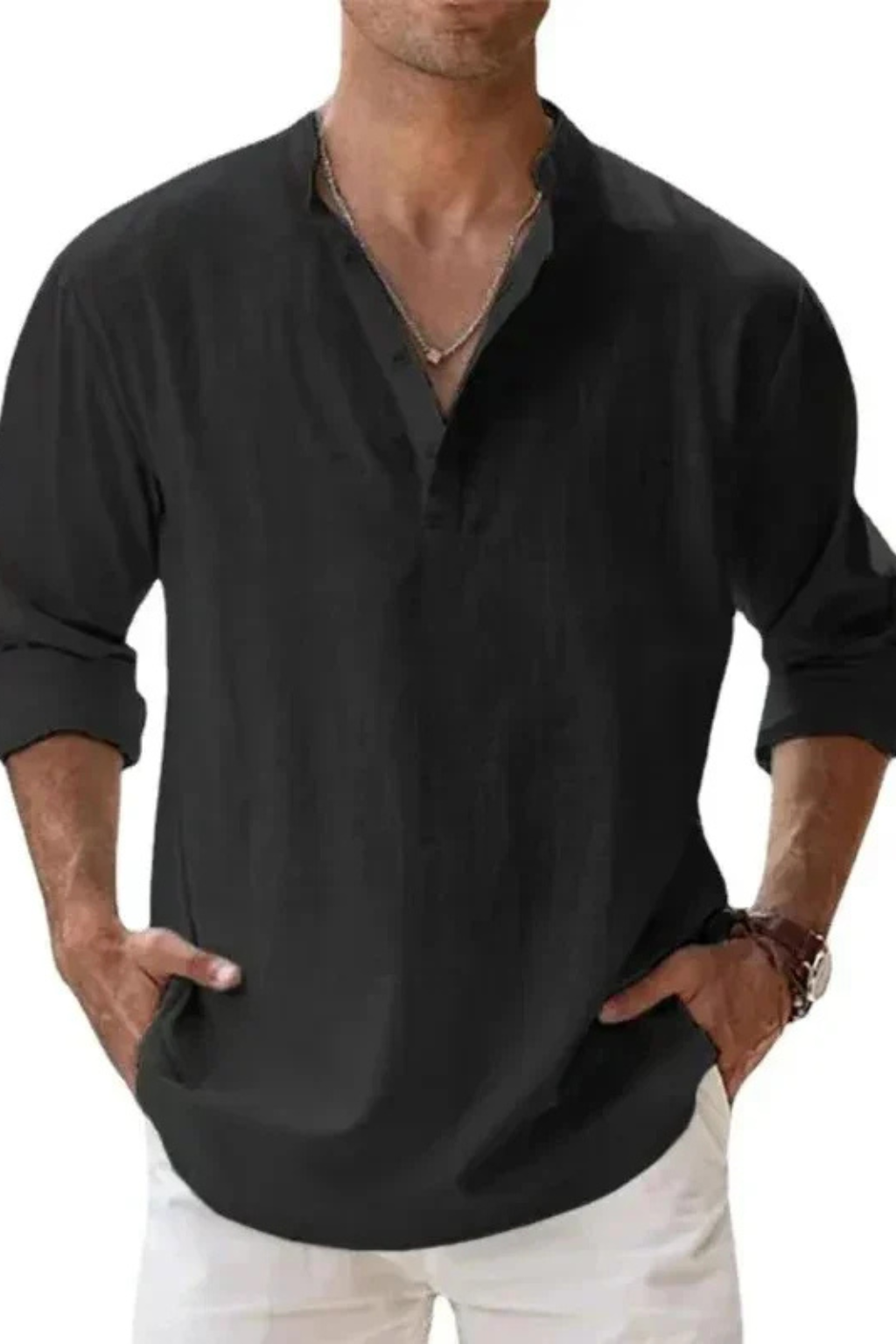 Camisa Henley Hombre de Lino Casual Ajuste Regular