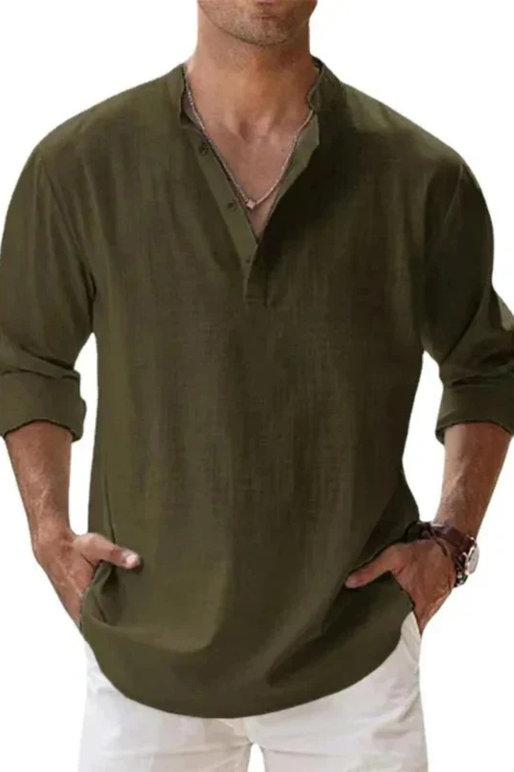 Camisa Henley Hombre de Lino Casual Ajuste Regular