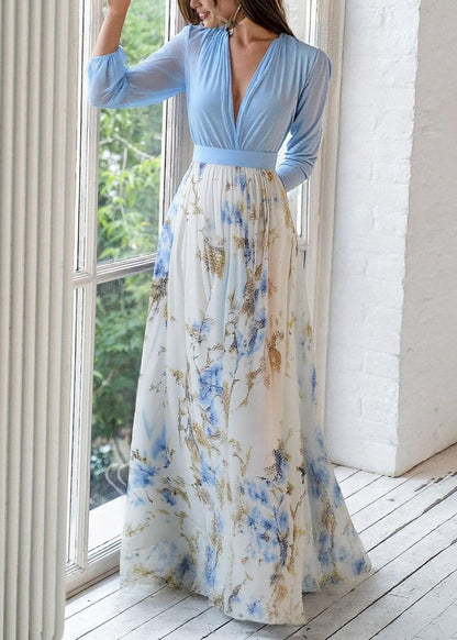 Vestido Largo Mujer Poliéster Estampado Floral Cuello en V Manga Larga