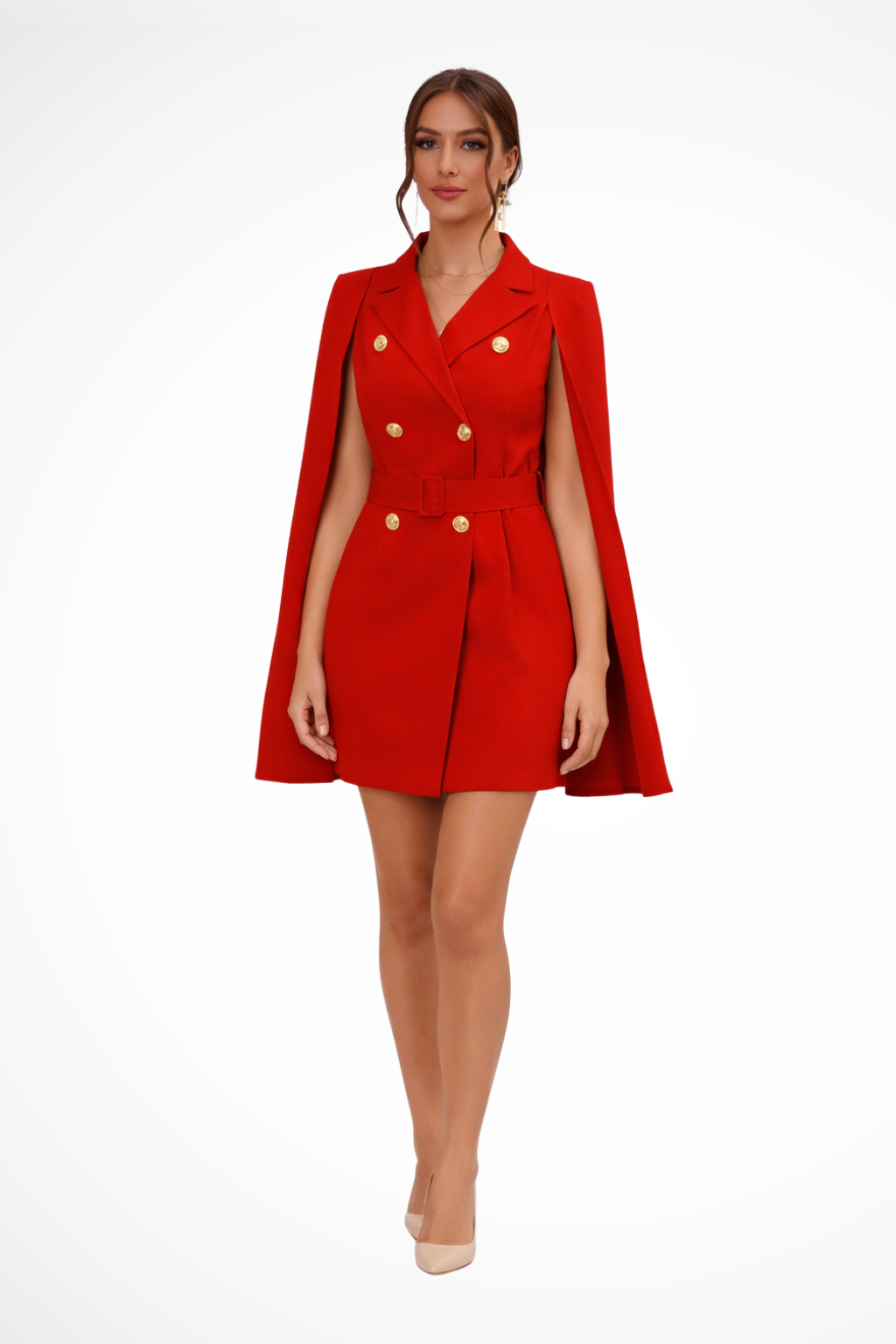 Vestido mini mujer con capa doble botonadura y cinturón