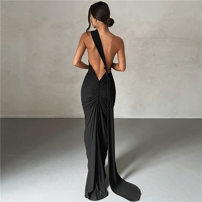 Vestido Largo Mujer Ajustado Fruncido Espalda Descubierta Fiesta
