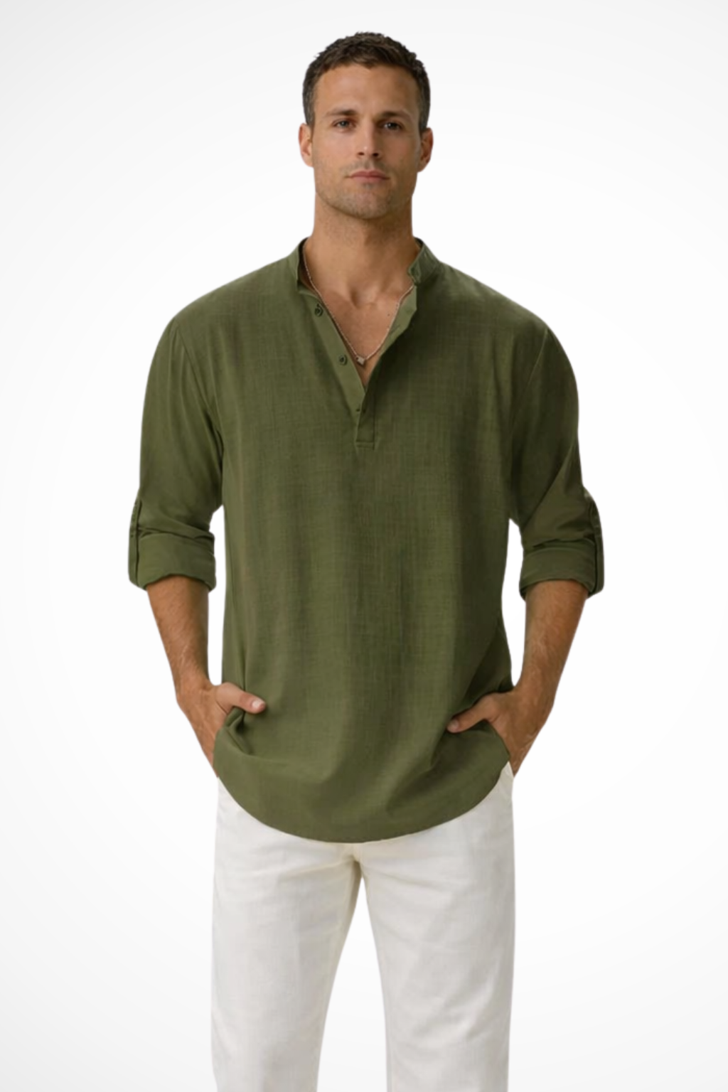 Camisa Henley Hombre de Lino Casual Ajuste Regular