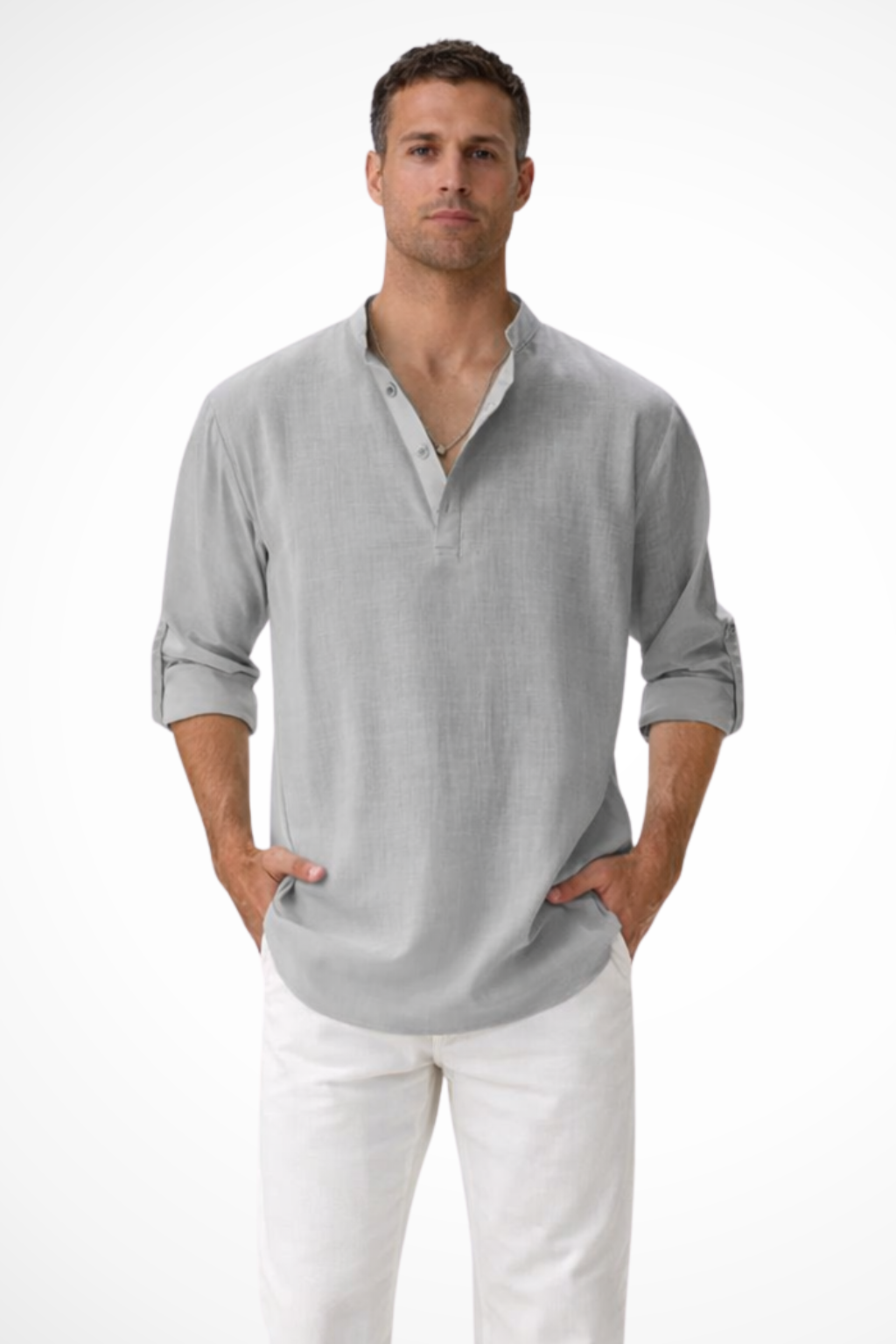 Camisa Henley Hombre de Lino Casual Ajuste Regular