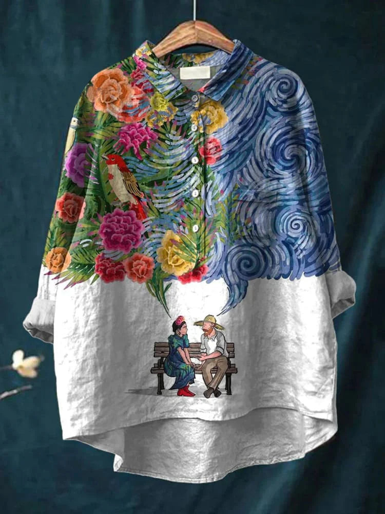 Camisa oversize hombre de algodón estampado artístico perros