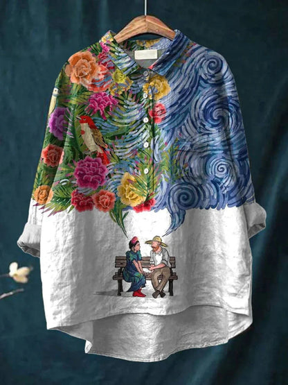 Camisa oversize hombre de algodón estampado artístico perros