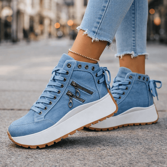 Zapatillas mujer plataforma denim cremalleras estilo urbano - Mavetta