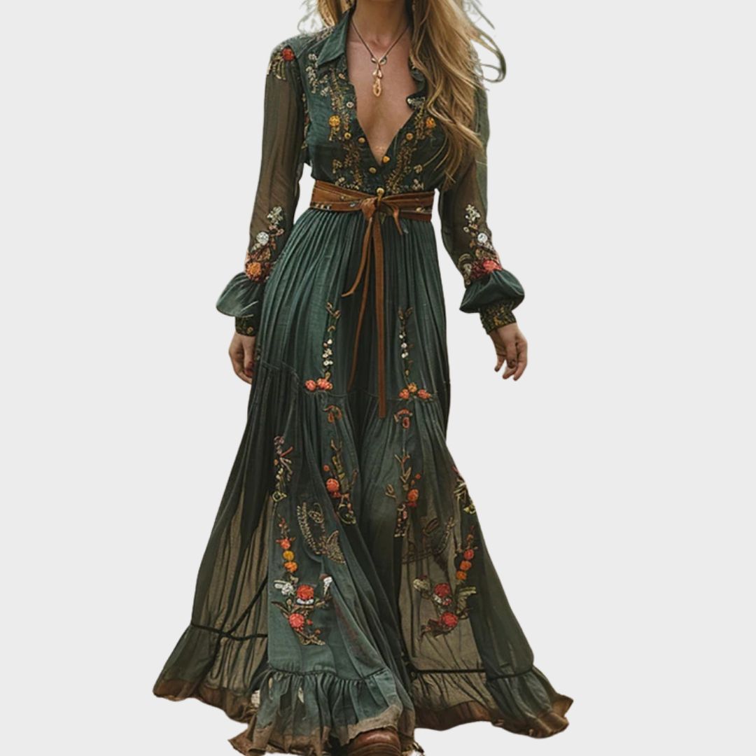 Vestido Largo Mujer Boho Bordado Floral - Mavetta