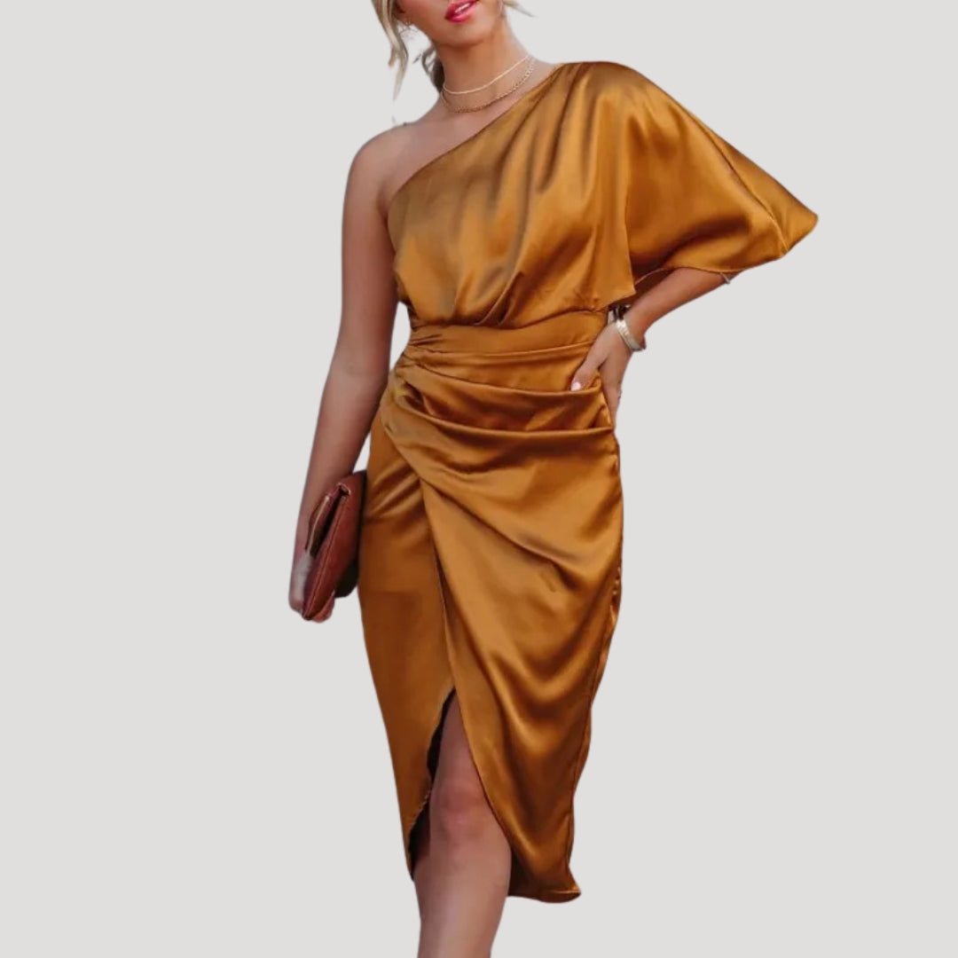 Vestido Mujer Satinado Escote Asimétrico Falda Cruzada