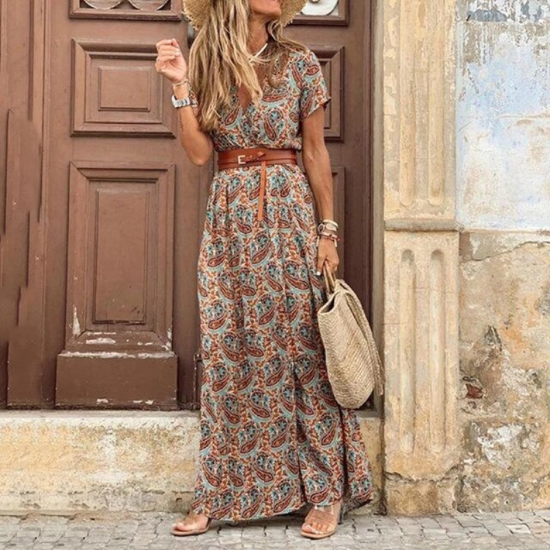 Vestido largo mujer floral manga corta con cinturón