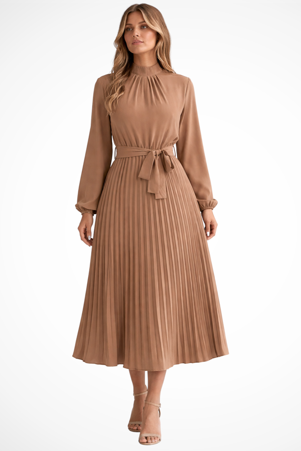 Vestido midi mujer plisado con mangas largas y cinturón