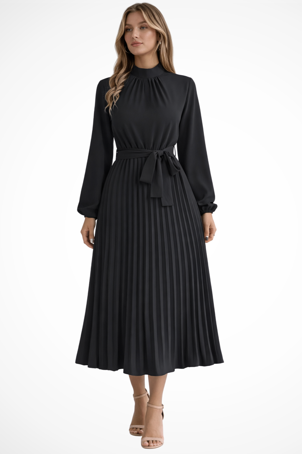 Vestido midi mujer plisado con mangas largas y cinturón