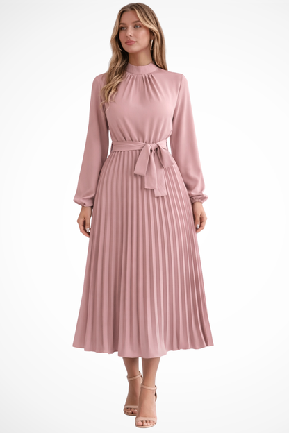Vestido midi mujer plisado con mangas largas y cinturón