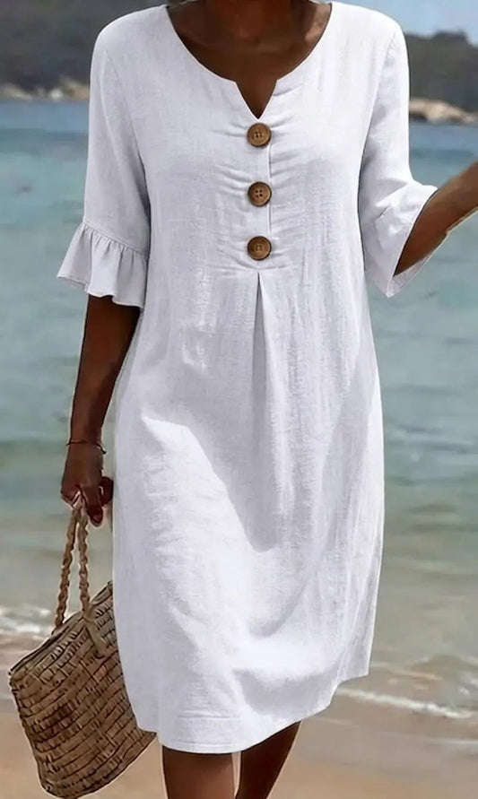 Vestido mujer algodón y lino suelto con botones verano - Mavetta