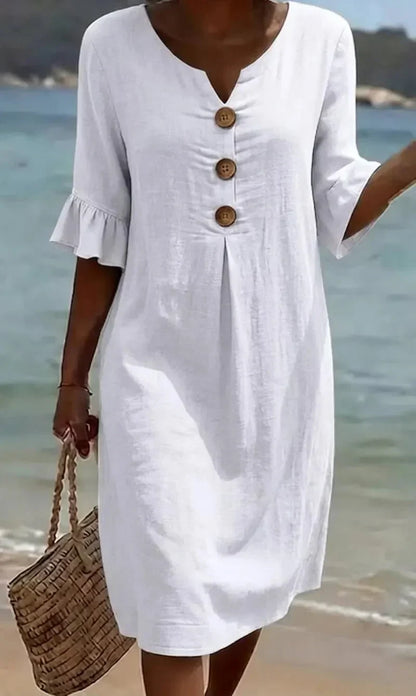Vestido mujer de lino manga abullonada estilo fresco