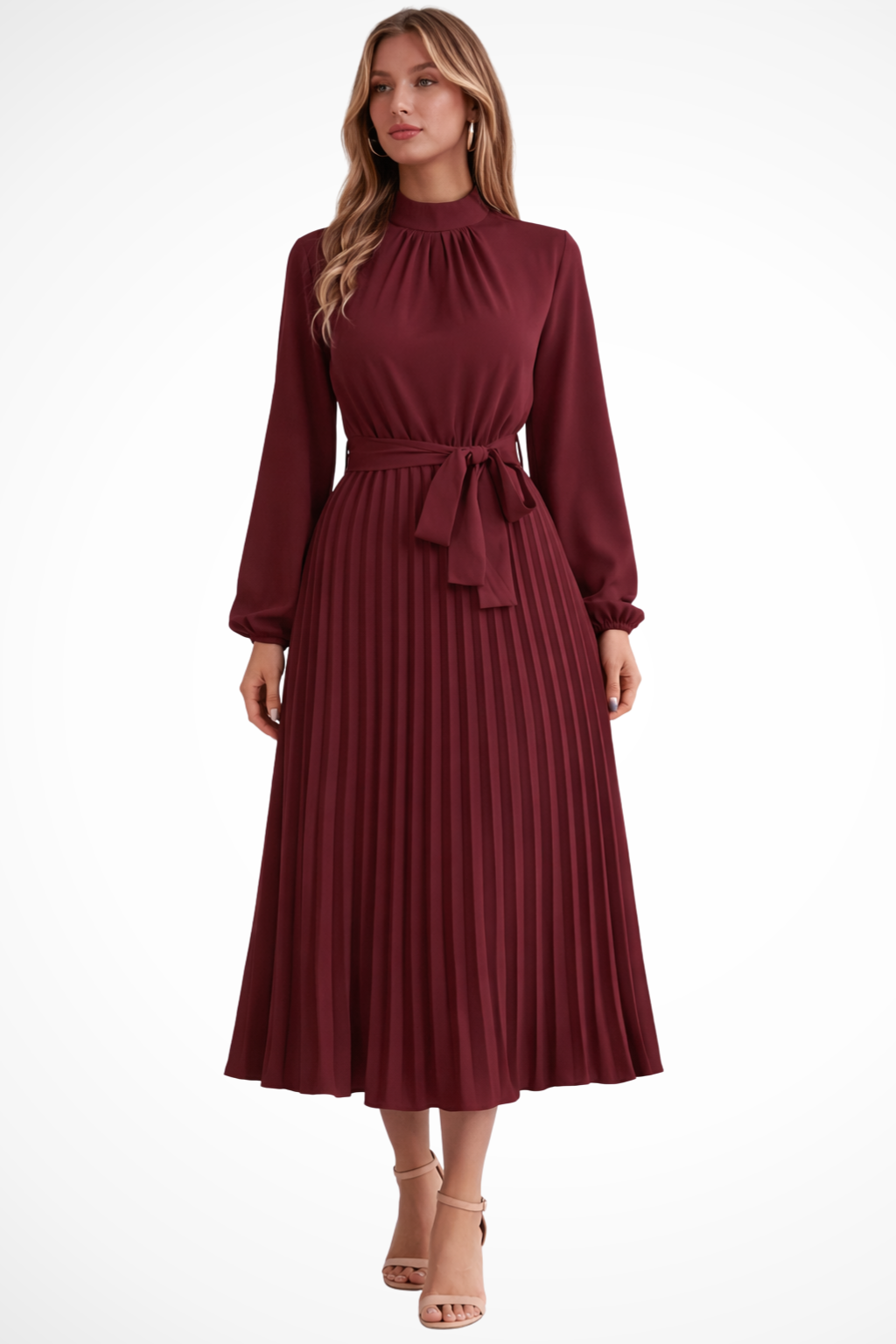 Vestido midi mujer plisado con mangas largas y cinturón