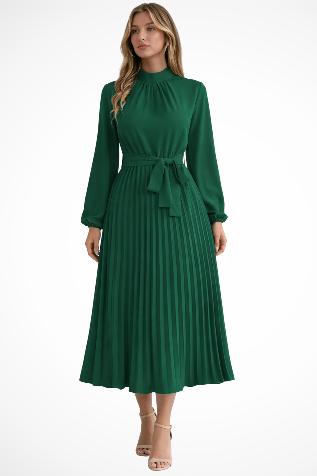 Vestido midi mujer plisado con mangas largas y cinturón