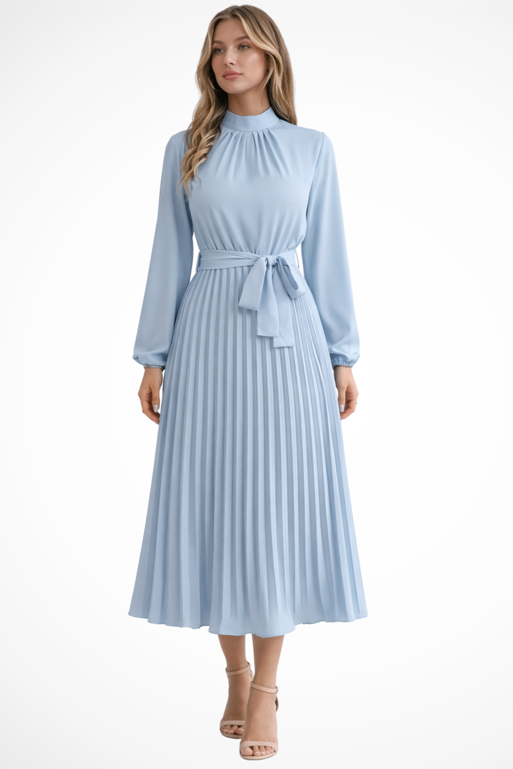 Vestido midi mujer plisado con mangas largas y cinturón - Mavetta
