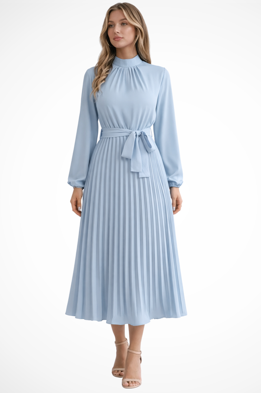 Vestido midi mujer plisado con mangas largas y cinturón - Mavetta