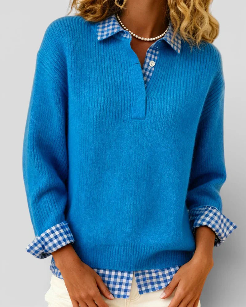 Jersey Mujer de Punto con Detalle de Camisa Cuadros