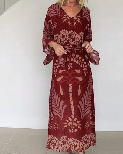 Vestido maxi mujer fluido estampado hojas estilo bohemio
