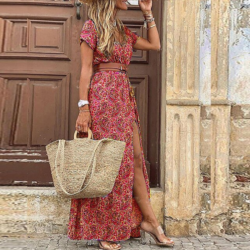 Vestido largo mujer floral manga corta con cinturón