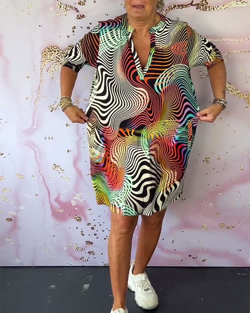 Vestido corto mujer Estampado Ondas Cuello en V Cremallera Bolsillos