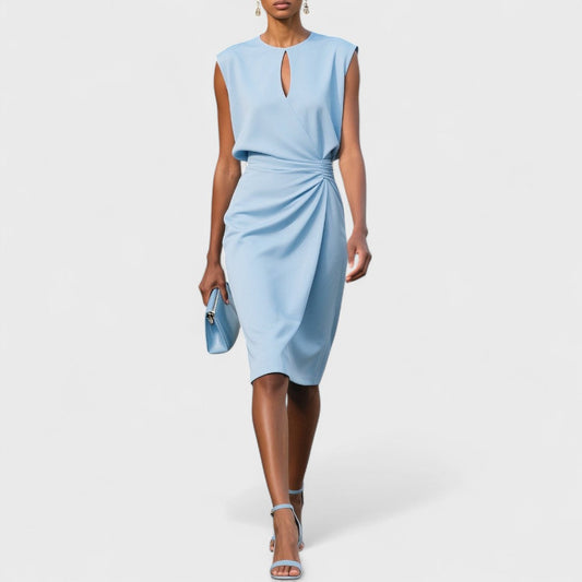 Vestido Midi Mujer Cruzado con Pliegues y Cuello Redondo - Mavetta
