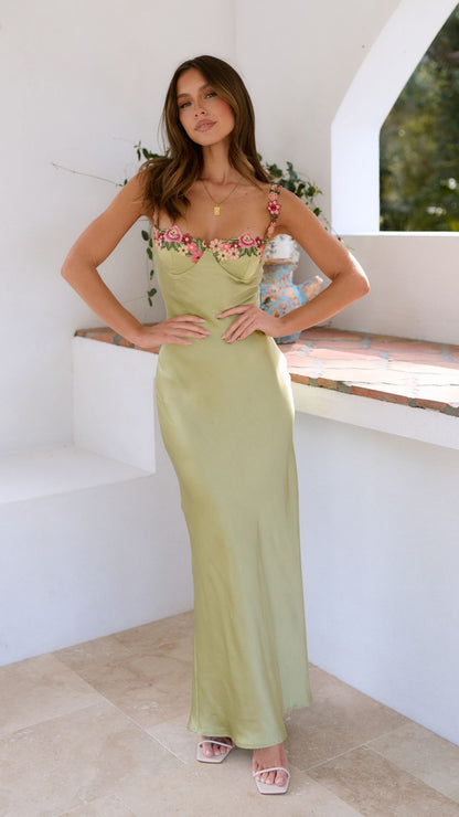 Vestido maxi mujer con tirantes finos y bordado floral