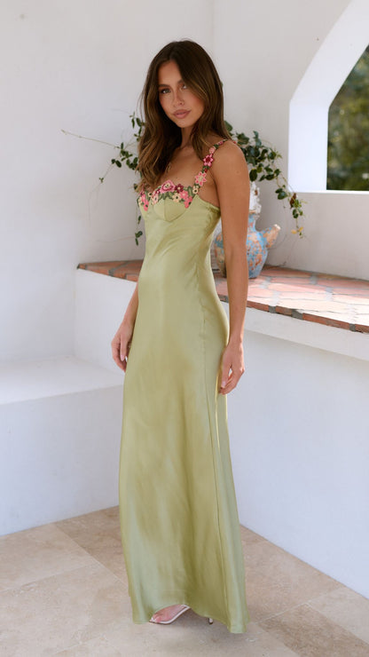 Vestido maxi mujer con tirantes finos y bordado floral